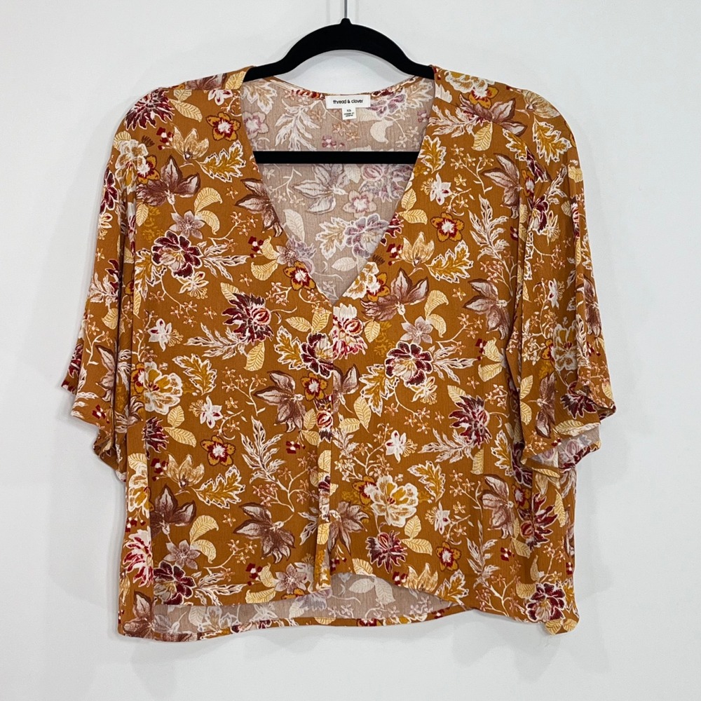Thread & Clover Floral V-Neck Short Sleeve Rayon Blouse Mustard XS J72247VHPM